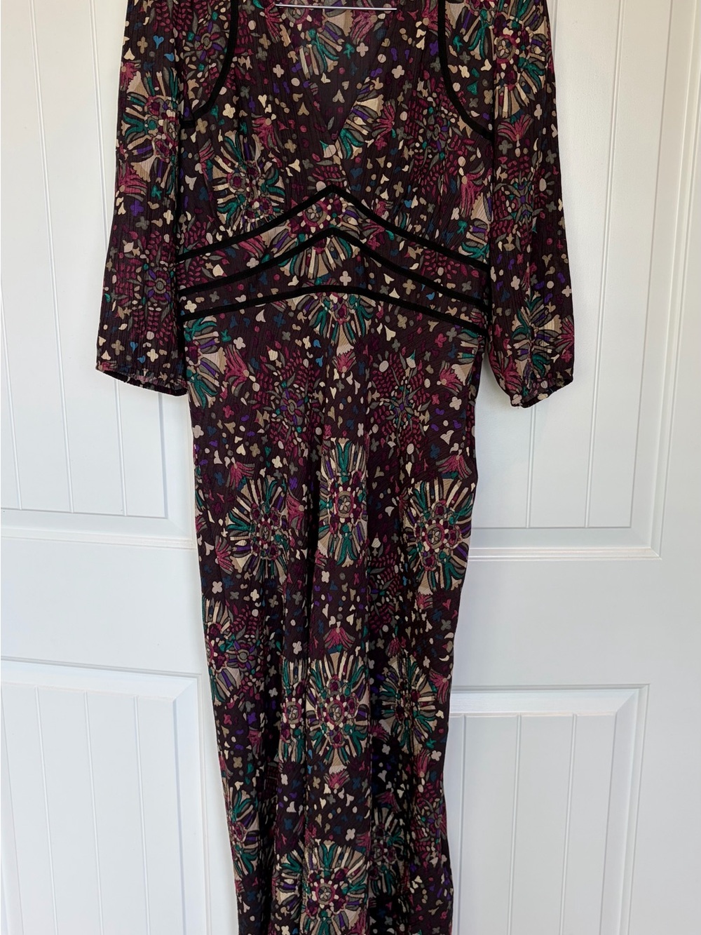 BA&SH Floral Print Long Sleeve Maxi Dress in Brown, Teal and Plum